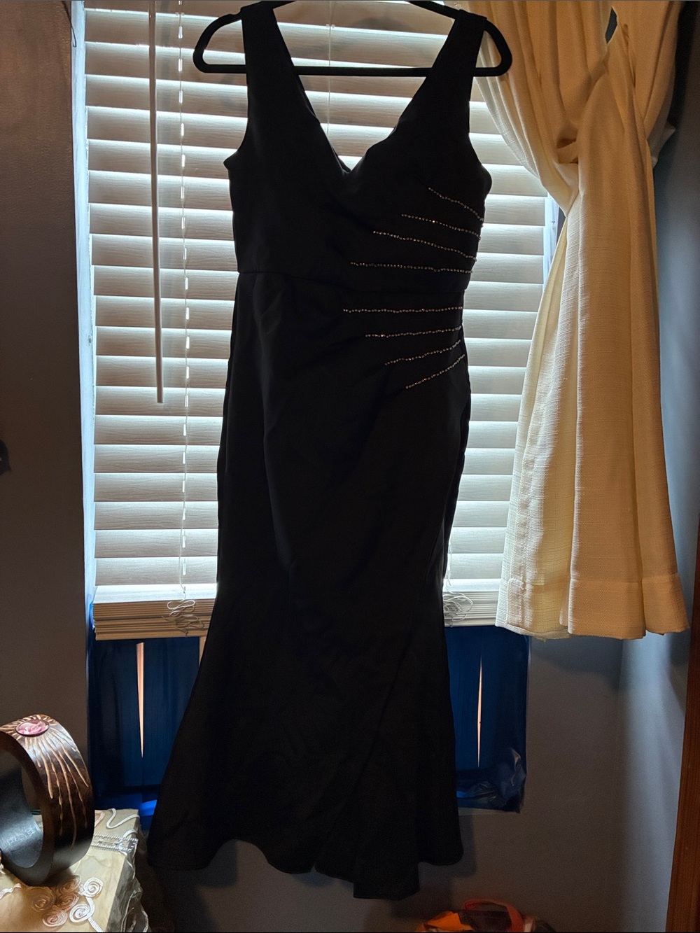 Black V-Neck Evening Dress with Rhinestone Detail